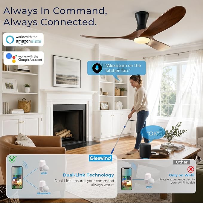 52 inch Smart Flush Mount Ceiling Fans with Lights, Low Profile Ceiling Fan with WIFI Alexa and App Remote Control, Quiet DC Motor, 3 Blades Wood Modern fan for Indoor Outdoor Bedroom Patio, Walnut