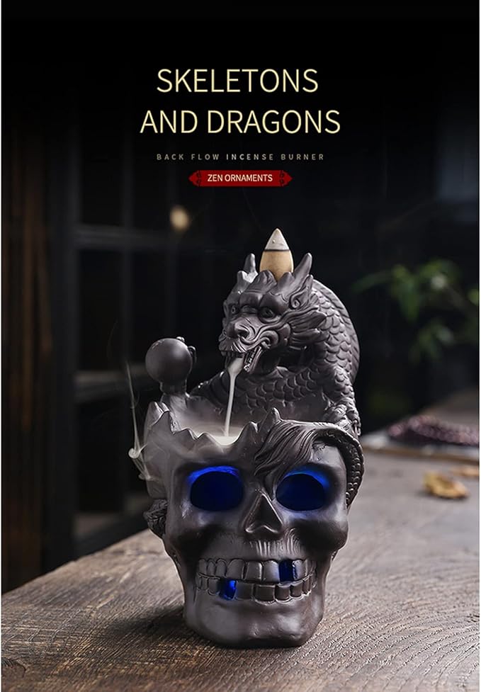 Dragon Waterfall Incense Holder - Ceramic Backflow Burner with Skull Head, Zen Meditation Decor for Home, Bedroom, Yoga Studio - Unique Dragon Statue Gift for Aromatherapy & Relaxation