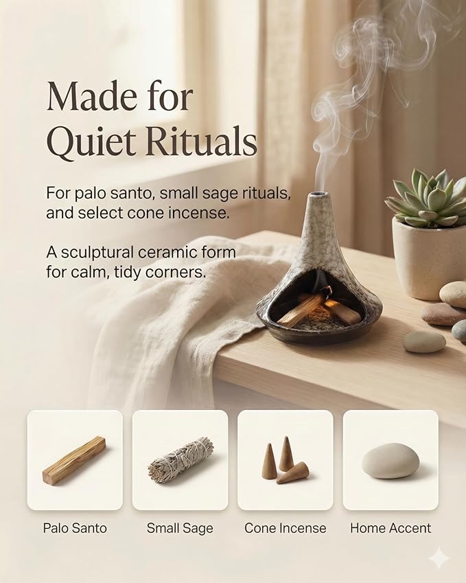 Ceramic Palo Santo Holder & Ash Catcher with Mini Chimney, Incense Holder & Sage Burner, Wabi-Sabi Home Decor for Meditation & Yoga (Ash Stone)