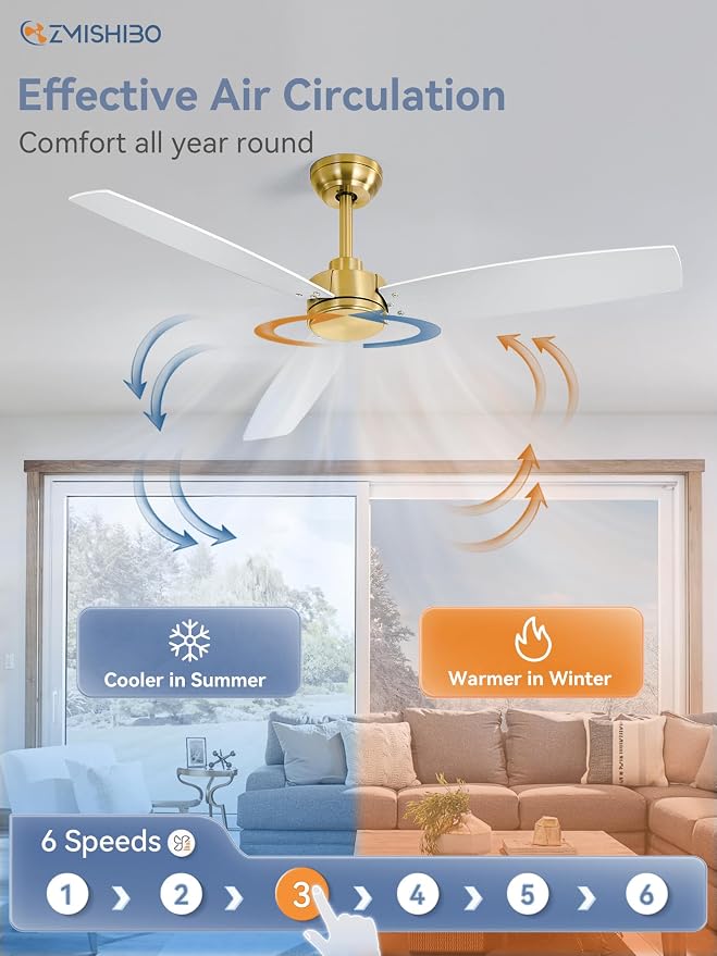 ZMISHIBO 2 Pack 52 Inch Outdoor Ceiling Fans with Remote, Gold Ceiling Fan No light with Quiet Reversible DC Motor, 6 Speeds, 3 Blade Modern Ceiling Fans for Patio Living Room Bedroom Indoor