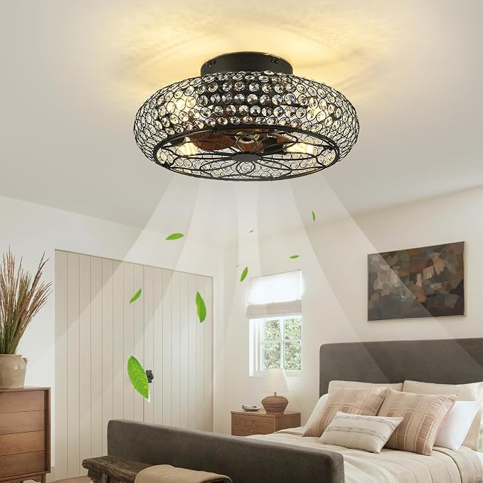 Caged Crystal Ceiling Fans with Lights and Remote,18.8" Flush Mount Low Profile Ceiling Fan with Light,6 Speed Enclosed Ceiling Fan with Reversible Motor for Bedroom Kitchen Living Room