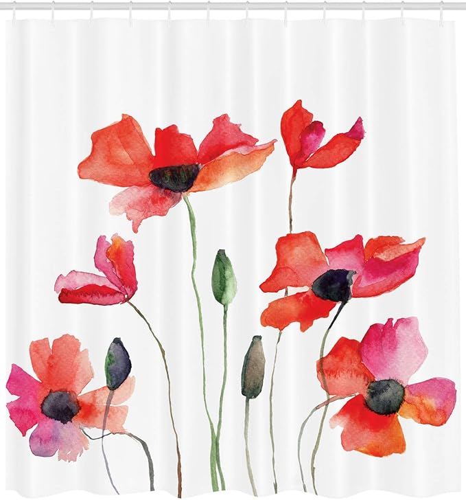 Ambesonne Watercolor Flower Shower Curtain, Poppies Wildflowers Nature Meadow Painting in Watercolor Effect Warm Artwork, Cloth Fabric Bathroom Decor Set with Hooks, 69" W x 84" L, Burnt Orange Green
