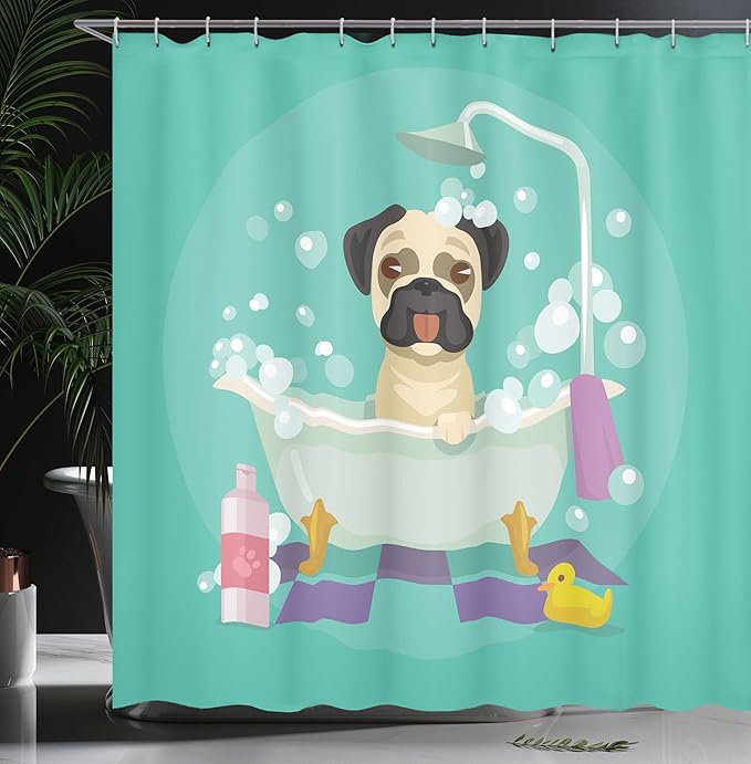 Ambesonne Cartoon Shower Curtain, Pug Dog in Bathtub Grooming Salon Service Shampoo Rubber Duck Pets in Style Image, Cloth Fabric Bathroom Decor Set with Hooks, 69" W x 75" L, Teal