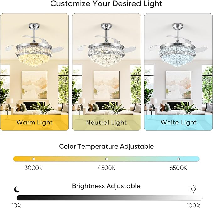 42" Fandelier Ceiling Fan with Light, Crystal Retractable Ceiling Fan with Lights and Remote, Chandelier Fans for Bedroom Living Room, Reversible DC Motor, Dimmable, 6 Speeds - Chrome