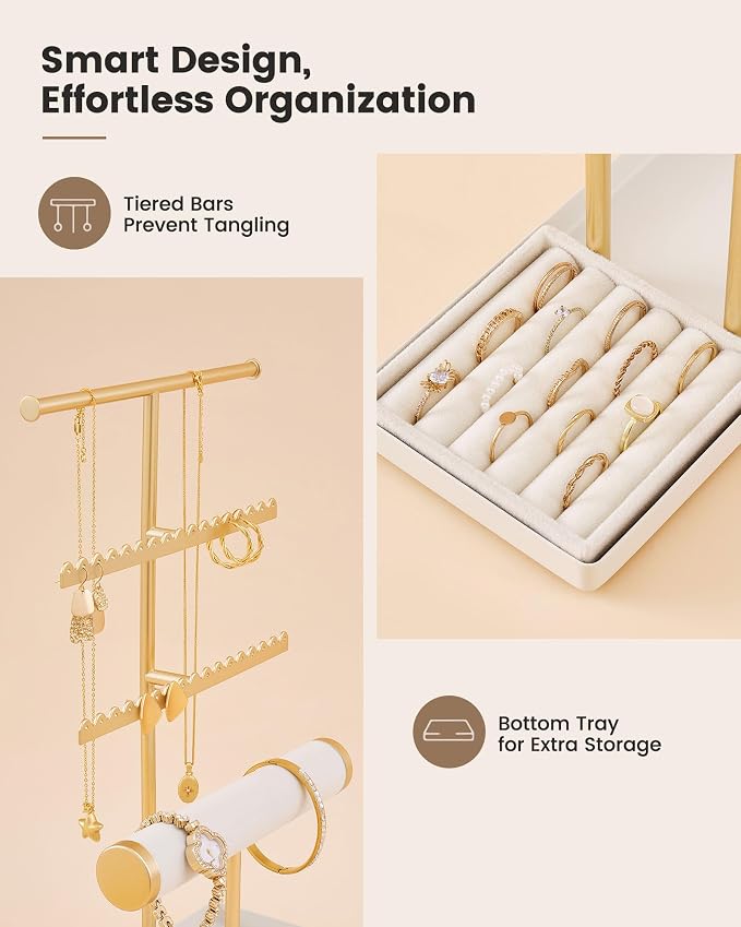 Lolalet Jewelry Organizer Stand, Necklace Bracelet Holder -Gold | Space-Saving Jewelry Display Storage Rack on Vanity Dresser for organizing Earrings Bangels Rings
