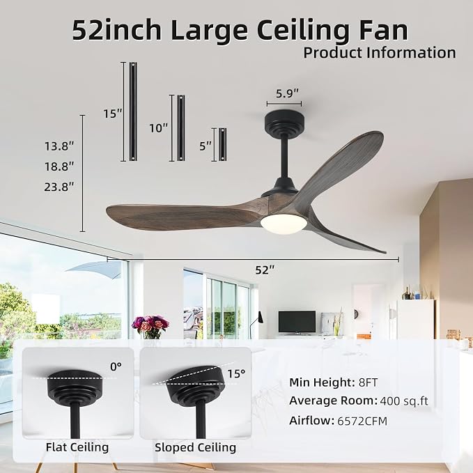 52” Outdoor Ceiling Fan with Light, Compatible with Alexa/Google, 3 Walnut Solid Wood Blade, Noiseless Reversible Dc Motor, Smart Outdoor Wood Ceiling Fan for Farmhouse Patios, Dark Brown