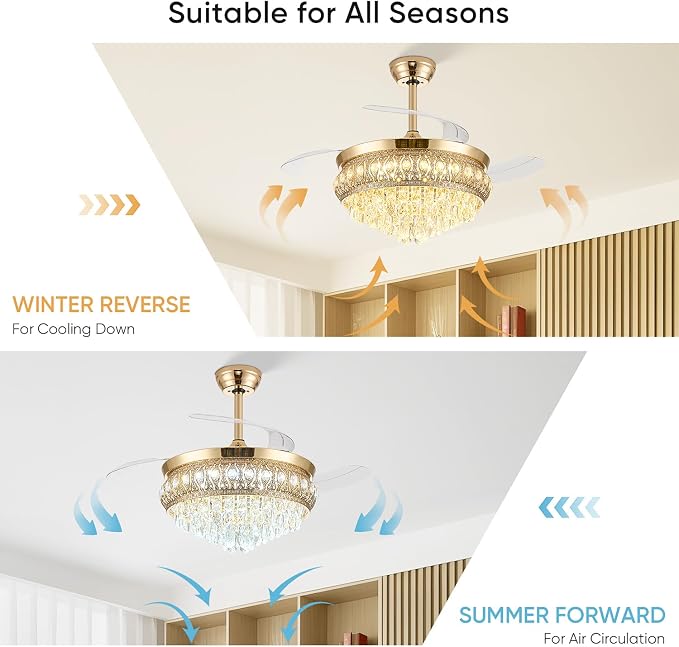 48" Fandelier Ceiling Fan with Light, Crystal Retractable Ceiling Fan with Lights and Remote, Chandelier Fans for Bedroom Living Room, Reversible DC Motor, Dimmable, 6 Speeds -Gold