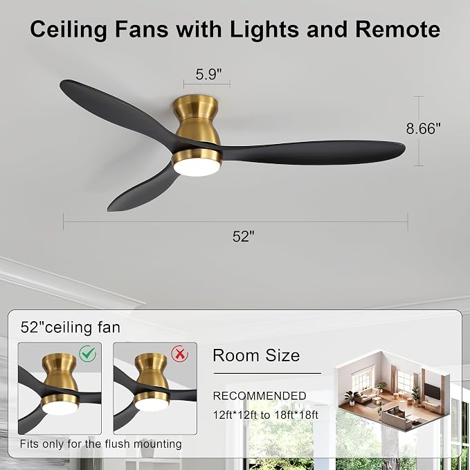 52 Inch Black Ceiling Fan with Light and Remote & APP Control, 3 Wooden Blades, 6 Wind Speeds, Quiet DC Motor, Indoor Low Profile Ceiling Fan for Bedroom Living Room Farmhouse Patio