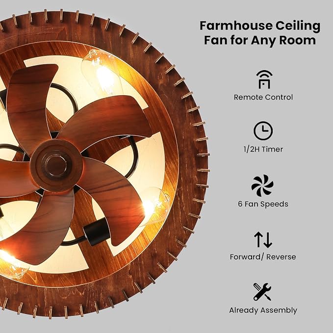 20" Flush Mount Ceiling Fan with Light, Wooden Caged Low Profile Fandelier with Remote, 6-Speed Reversible Bladeless Fan, Farmhouse Ceiling Fan for Bedroom, Kitchen, Living Room