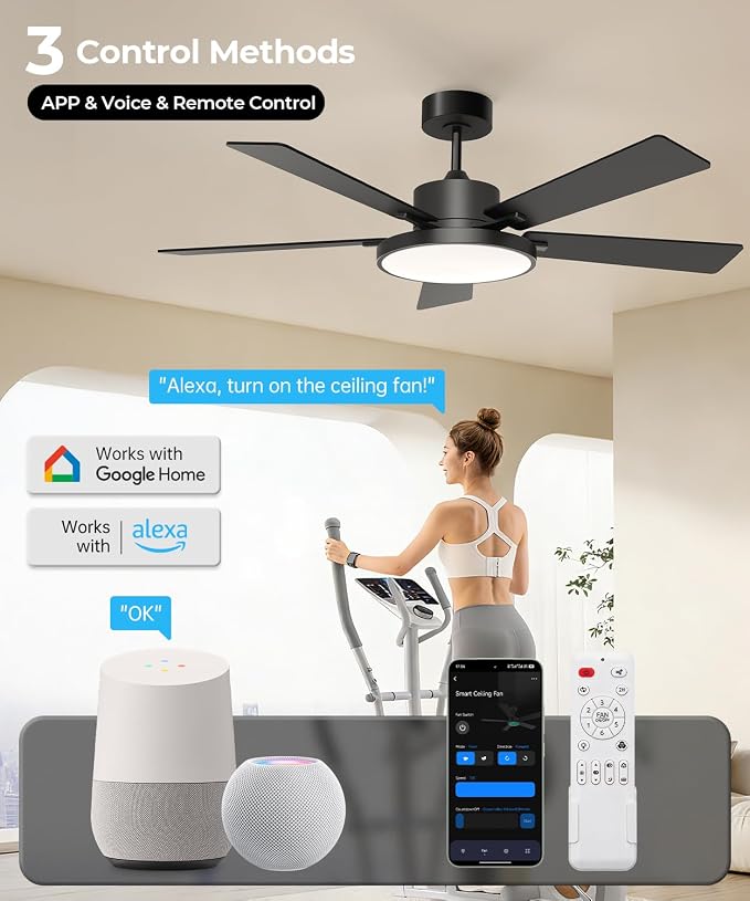 Ceiling Fan with Light,RGBCW Smart 52" Low Profile Ceiling Fan with Light and Remote,Alexa/Google/App Control,Reversible DC Motor,Dimmable,2500lm,Quiet Fan for Bedroom,Living Room Black