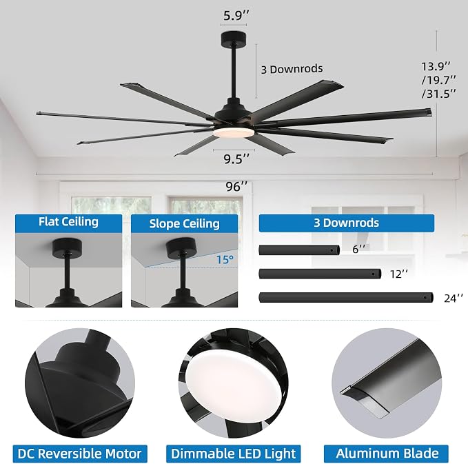 96 Inch Industrial Ceiling Fan with Light and Remote Control, Large Ceiling Fans with 8 Reversible Aluminum Blades, 3CCT, 6-Speed,Commercial Ceiling Fan for Porch/Garage/Shop