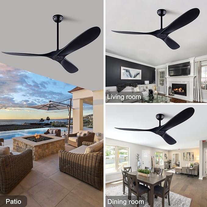 QUTWOB 60" Ceiling Fan with Remote Control No Lights,Modern Reversible DC Motor Indoor Outdoor 3 Blades Ceiling Fans for Patio Bedroom Living Room(Black)