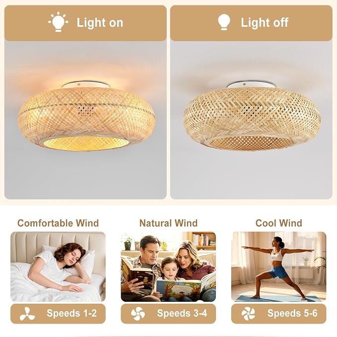 Depuley Boho Ceiling Fan with Light: 20 Inch Bamboo Woven Flush Mount Fandelier with Remote and Timer Control - Caged Ceiling Fan with 6 Speeds - Indoor Quiet Fan for Bedroom and Living Room