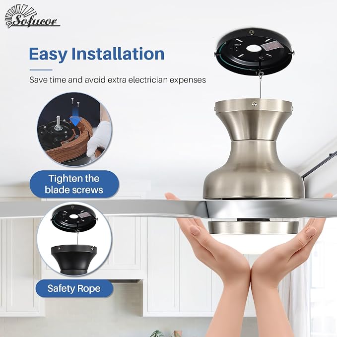 Sofucor 52 Inch Low Profile Ceiling Fan with Light, Flush Mount Outdoor Ceiling Fan with Remote for Bedroom Living Room Patio, Dimmable LED High Airflow Quiet Reversible DC Motor