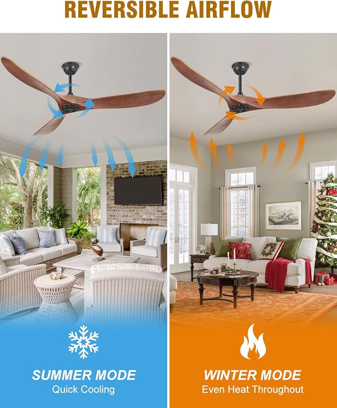 60 Inch Ceiling Fans Without Lights, 60" Outdoor Ceiling Fan No Light with Remote Control, 3 Solid Wood Blades, 3 Downrods, Timer, High CFM 6 Speeds ETL DC Motor Fans for Patios Indoor, Dark Walnut