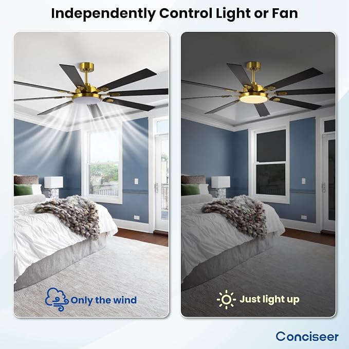 72 Inch Ceiling Fans with Lights and Remote, Dual Color 8 Blades, Bedroom Living Room Office Library Cafe Outdoor Industrial, 3CCT Dimmable, 6 Speed Reversible Quiet DC Motor, Gold/Wood Grain