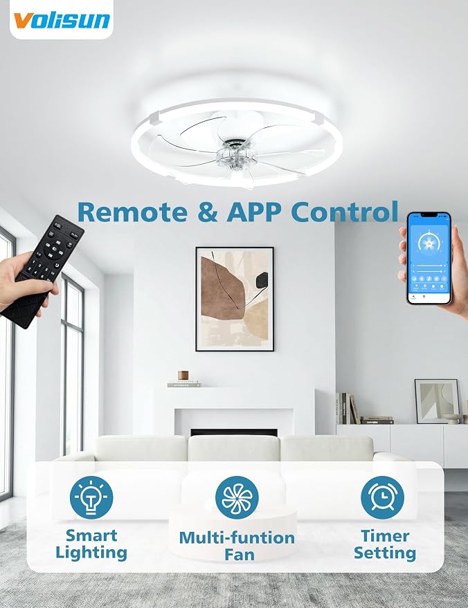 VOLISUN Low Profile Ceiling Fan with Lights and Remote, 23.6in Bladeless Ceiling Fans with Light Flush Mount, Dimmable Modern LED Fan Light, White Fandelier Ceiling Fans for Bedroom,Living Room