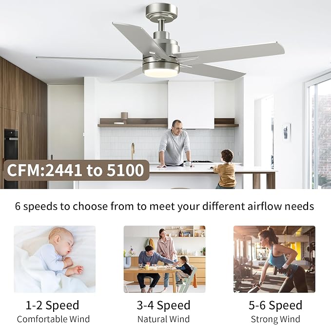 YUHAO 48 Inch Brushed Nickel Ceiling Fan with Light and Remote Control.Noiseless,Dimmable, 3CCT,6 Speeds Reversible, Modern DC Ceiling Fans for Indoor or Covered Outdoor Use,ETL Listed