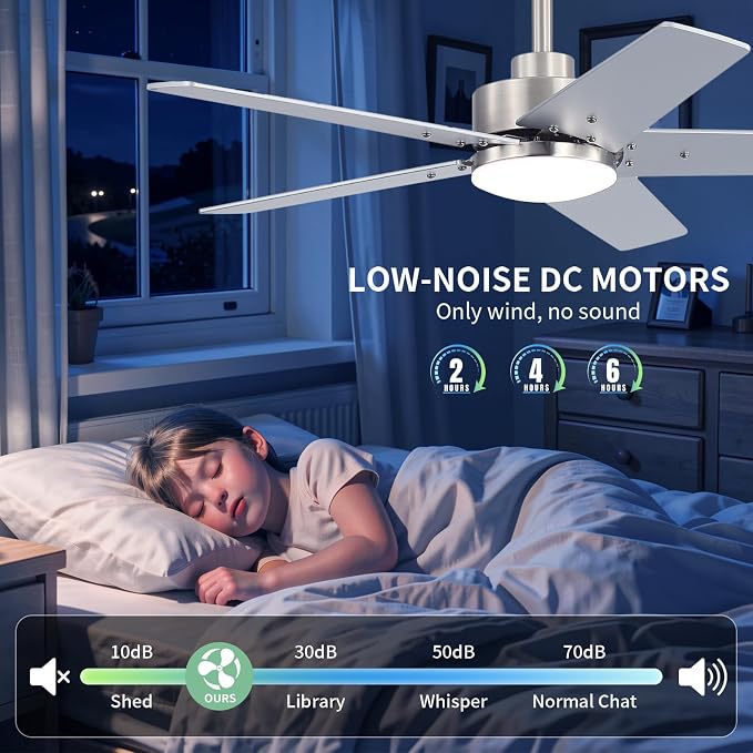 42 Inch Ceiling Fans with Lights and Remote, Bedroom Living Room Kitchen Home Office Indoor/Outdoor, 6CCT Dimmable, Dual Color 5 Blades, 6 Speed Reversible Quiet DC Motor, Sand-nickel/Wood Grain