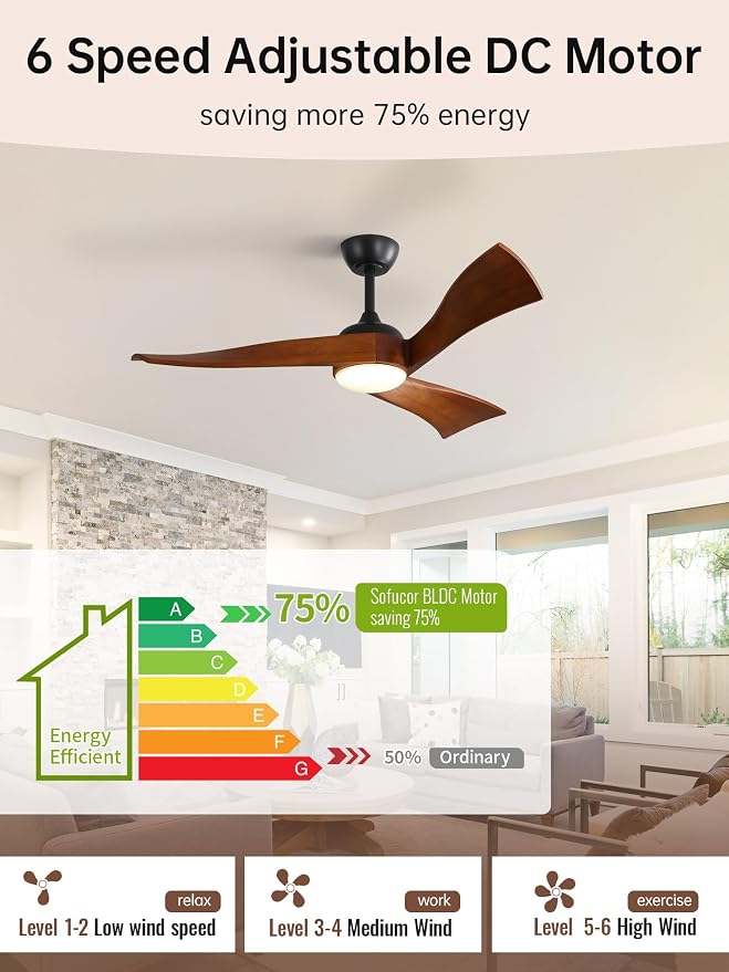 Sofucor 52 Inch Smart Ceiling Fans with Light-Modern Solid Wood Outdoor 3 Blades Ceiling Fan with Light Alexa/Google/APP/Remote Control for Bedroom Living Room Farmhouse, Quiet DC Motor, Walnut Black