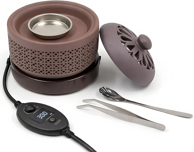 Ceramic Electric Incense Burner with Temperature Control, Timer & Night Light – Bakhoor & Resin Warmer (Brown)