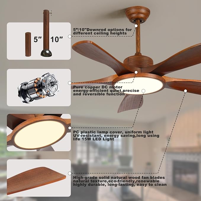 Wood Ceiling Fan with Lights and Remote Control 5 Solid Wooden Blades 42 Inch Modern Farmhouse Outdoor Ceiling Fan Light for Patios Living Room FCC Reversible DC Motor
