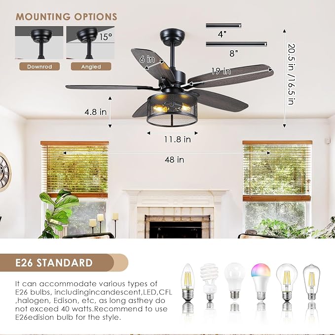 Hounberi 48 Inch Farmhouse Ceiling Fan with Light and Remote, Industrial Black Caged Ceiling Fan, Dual Finish 5 Blades, 6-Speed Reversible DC Motor, Industrial Ceiling Fans for Bedroom, Living Room