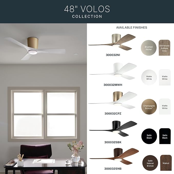 Kichler Volos 48” Indoor Ceiling Fan with LED Light and Wall Control in Brushed Nickel, Contemporary Ceiling Fan with Light, 300032NI