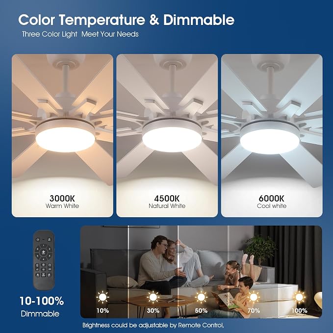 Kviflon 52 Inch Ceiling Fans with Lights, Modern White Ceiling fan with light for Bedroom Living Room Indoor Outdoor, Remote/APP Control, Reversible Quiet DC Motor, Dimmable LED, 8 Wooden Blades