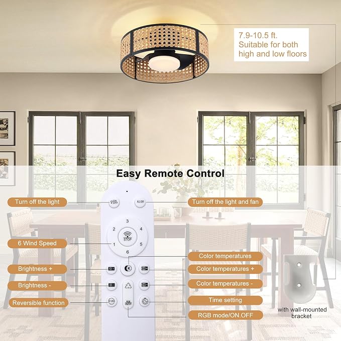 Ganeed 20" Handwoven Rattan Boho Ceiling Fans with Lights, Dimmable RGB LED Wicker Caged Ceiling Fan with Light and Remote, 6 Speed/Reversible Motor Rattan Fandelier for Bedroom Dining Room Nursery
