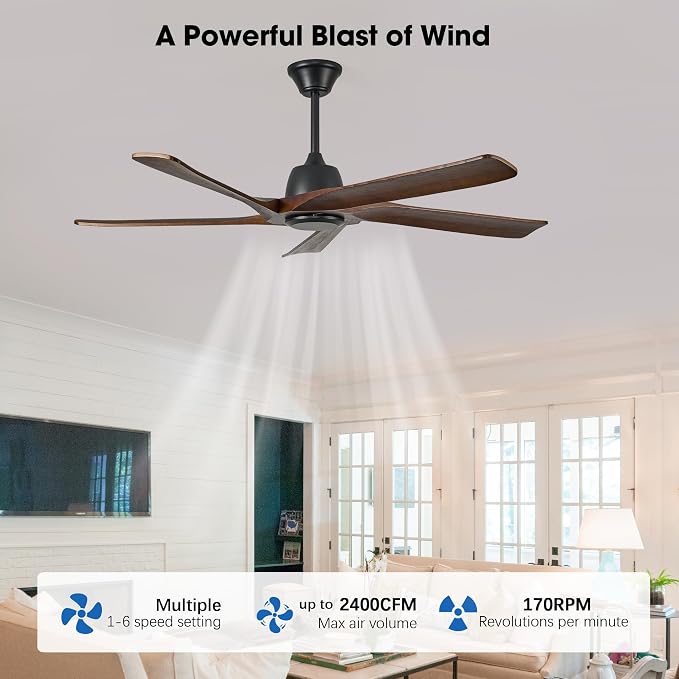60 Inch Solid Wood Ceiling Fan No Lights, Remote and APP Control, DC Motor, 6-speed Reversible, Outdoor Ceiling Fans for Bedroom, Living Room, Office, Dark Walnut