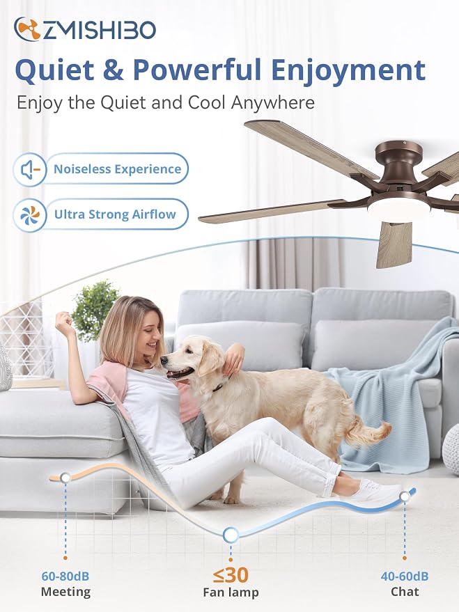 ZMISHIBO 52 Inch Ceiling Fan with Light, App&Remote Control, Flush Mount Low Profile, Dimmable 20W LED Light, Quiet Reversible Motor for Bedroom, Living Room, Apartment, Brown