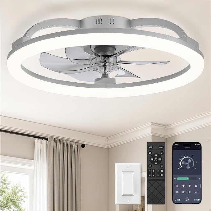 LEDIARY 23 Inch Ceiling Fans with Lights and Remote for Bedroom, Grey | Low Profile Flush Mount Ceiling Fan, Dimmable Modern Fan Light (3000K-6000K), 6 Speed, Reversible, APP & Remote Control