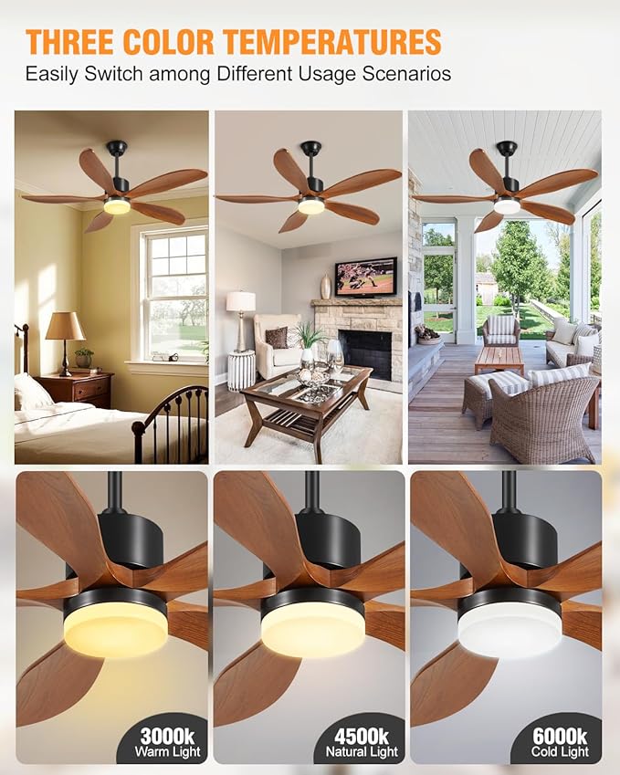 Yahada 60" Ceiling Fans with Lights and Remote 5 Blades Outdoor Fans Brown | Ceiling Fan with Light for Patios Indoor, ETL Listed, Timer, 6 Speeds, 3 Color, 6500 CFM, Reversible Quiet DC Motor