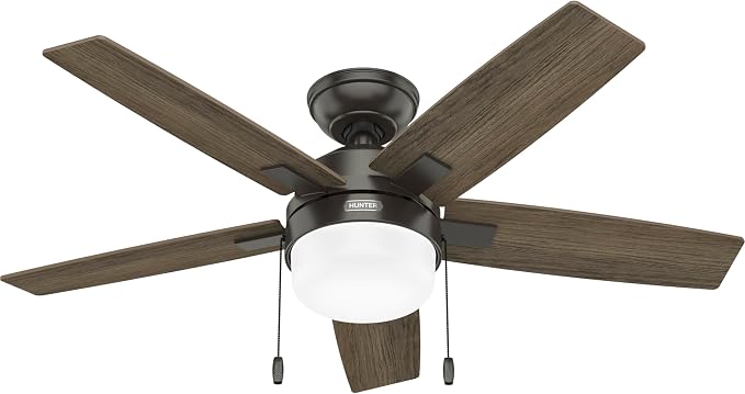 Hunter 44" Anisten Indoor Ceiling Fan, LED Light, Pull Chain, Noble Bronze | WhisperWind whisper-quiet motor, DuraLight lens, and 3" downrod support bedrooms, offices, and small rooms year-round.