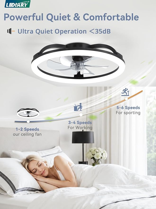 LEDIARY 23 Inch Ceiling Fans with Lights and Remote, Dimmable Fan Light | 6 Speed, Reversible, APP & Remote Control, Low Profile Flush Mount Ceiling Fan for Bedroom, Black