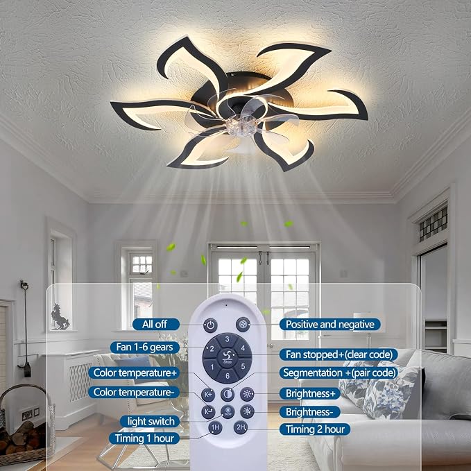Dalouguan 32" Black Modern Ceiling Fan with Lights Remote Control, 6 Speeds 3 Light Color Low Profile Flush Mount Ceiling Fan for Kitchen Bedroom