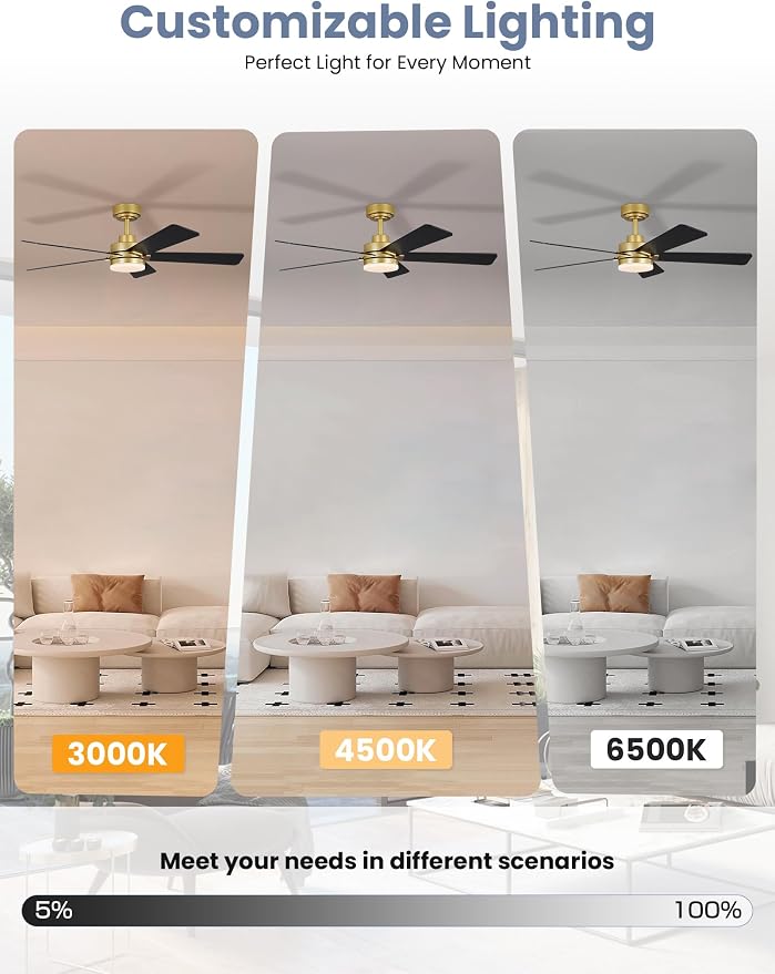 48 Inch Ceiling Fan with Lights and Remote, Downrod Mount, Sloped Ceiling Compatible up to 15°, Quiet Reversible DC Motor, 3CCT Dimmable LED, Gold Ceiling Fan for Bedroom Living Room