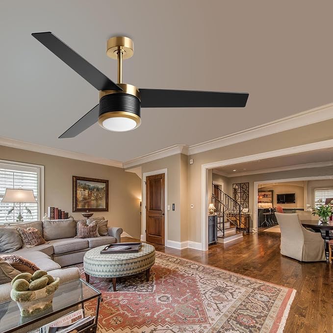 reiga 52" Modern 3 Blades Black Gold DC Motor Ceiling Fan with Light | Wood Ceiling Fans,6 Speeds Timer Compatible with Remote Control/Alexa/Google Home for Living room Bedroom Patio Farmhouse