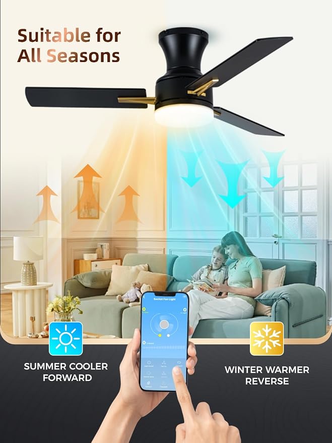 LANMEL 42 Inch Flush Mount Ceiling Fan with Light, App&Remote Control, Low Profile Modern Ceiling Fan, 6 Speed, Reversible, 3000k-6500k Dimmable LED, Quiet DC Motor for Indoor Outdoor, Gold Black