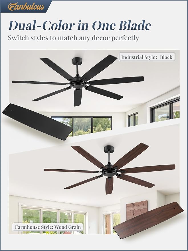 72 Inch Ceiling Fan No Light with Remote Control, Black Ceiling Fans Without Light With 6-Speeds Quiet Reversible DC Motor, Indoor/Outdoor Ceiling Fan with Dual Finish 7 Blades for Patio Living Room