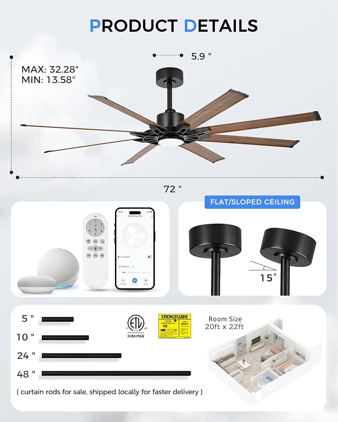 72 Inch Ceiling Fan with Light, Industrial Ceiling Fan with 8 Aluminium Metal Blades, Smart Fan Compatible with Alexa, Garage Indoor Fan For Living Room and Patio, ZCCF05AWD-72