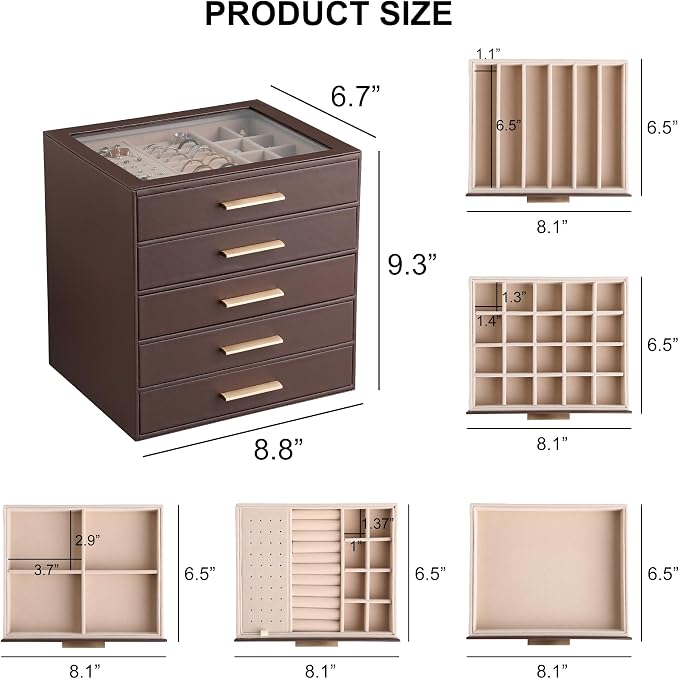Frebeauty Jewelry Box for Women,Clear Lid Jewelry Organizer with 5 Drawers | Faux Leather,Velvet Lining,5-Layer Large Capacity,Jewelry Storage for Rings Earrings,Dustproof Design,Golden Stylish Handle