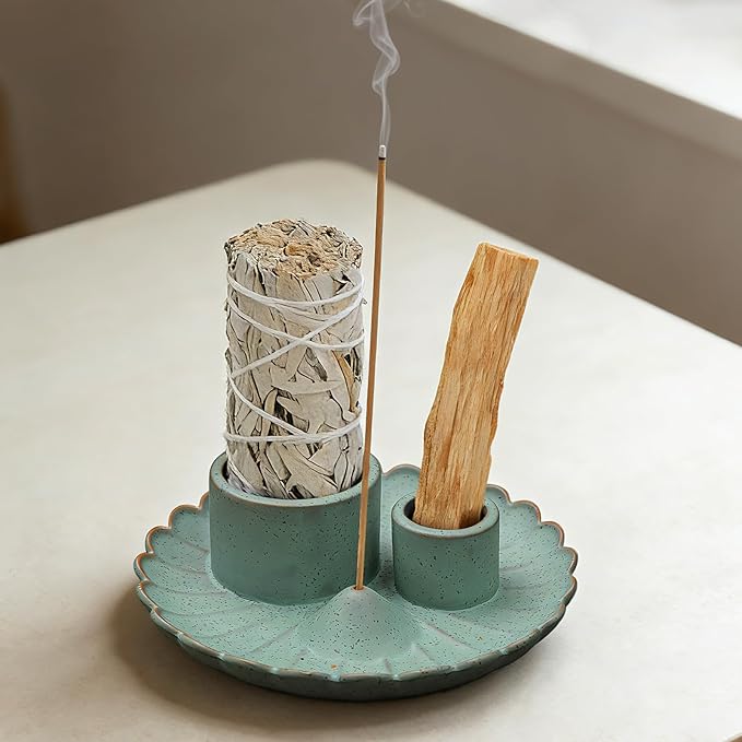 Multifunction Incense and Candle Holder for Burning Sage, Palo Santo, Ceramic Incense Stick Holder for Palo Santo Burner, Sage Holder for Yoga, Meditation, and Energy Cleansing (Green)