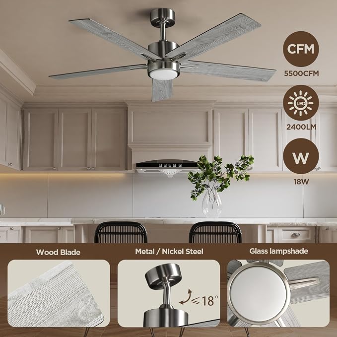 52 Inch Ceiling Fan Brushed Nickel Remote Controlled Dimmable Light Combo - Quiet Reversible - 5 Grey Blades