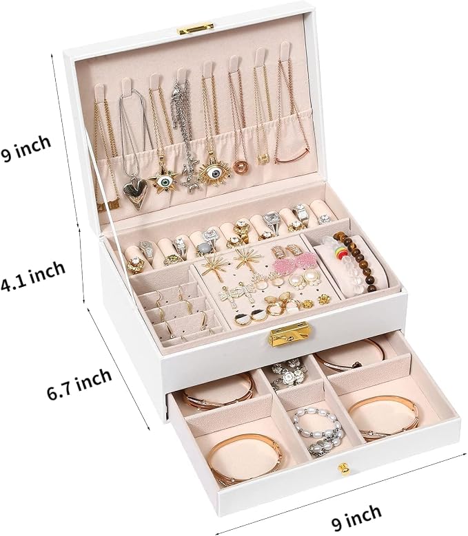 GUOER Jewelry Box for Women Girls, Two Layers Jewelry Organizer (White) | Vintage Quilting Stitching PU Leather, Earrings Bracelets Rings Necklace Watches Storage Large Jewellery Holder Case Gifts