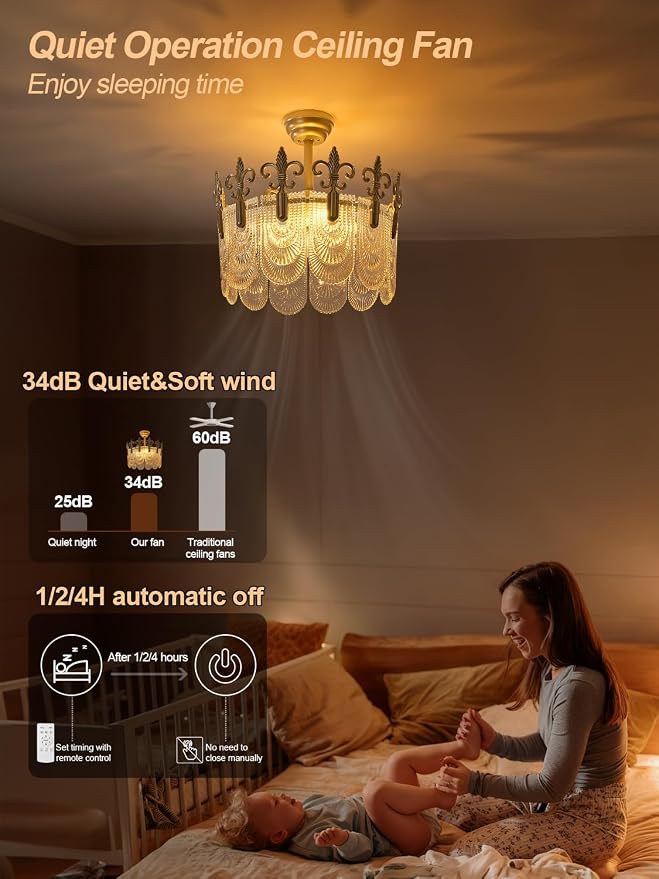 Gold Crystal Fandelier Ceiling Fan with Light,20" Gold French Chandelier Ceiling Fans with Lights Remote Control, Morden Mid-Century Caged with 6 Speeds for Bedroom, Nursery, Living Room