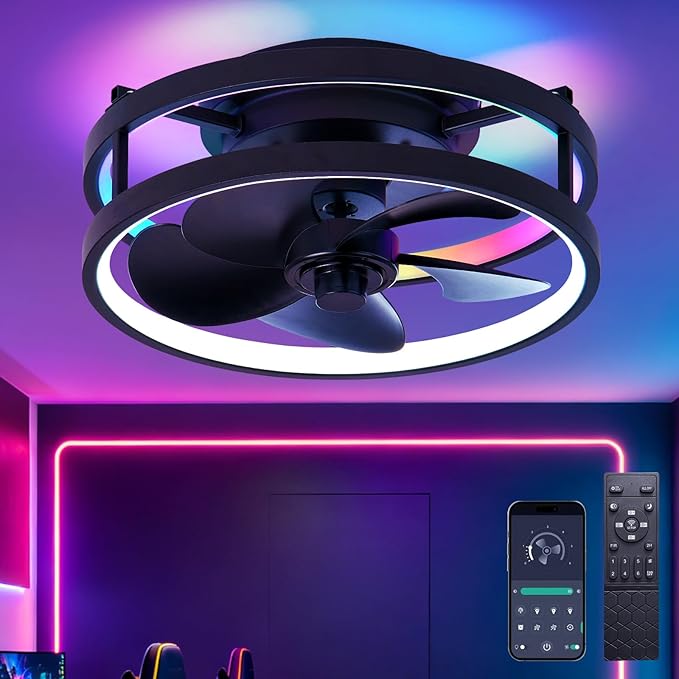13 Inch Small Ceiling Fan with Light and Remote, Low Profile Flush Mount Fandelier, Dimmable 3CCT Quiet LED Ceiling Fans for Bedroom Black RBG