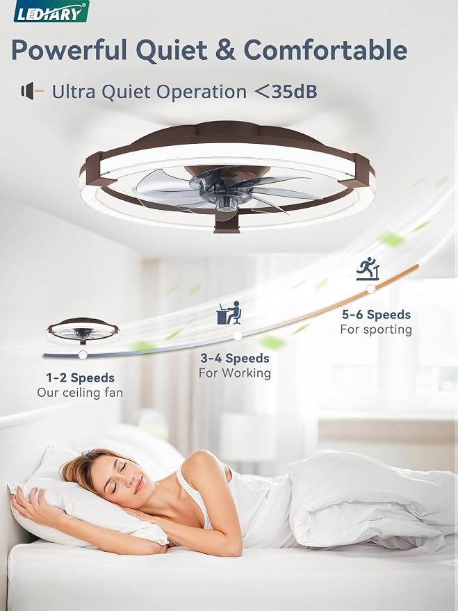 LEDIARY Ceiling Fans with Lights, 19.7 Inch Low Profile Ceiling Fan with Remote, 6 Speeds, Reversible, Dimmable Flush Mount Fan Light, Modern Fandelier Ceiling Fan with Lights for Bedroom, Brown