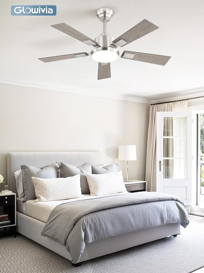 42 Inch Ceiling Fans with Lights and Remote&APP Control, Brushed Nickel Smart Ceiling Fan with 3000-6000K Dimmable, 6 Speeds Reversible, Indoor/Outdoor Ceiling Fan for Bedroom Living Room